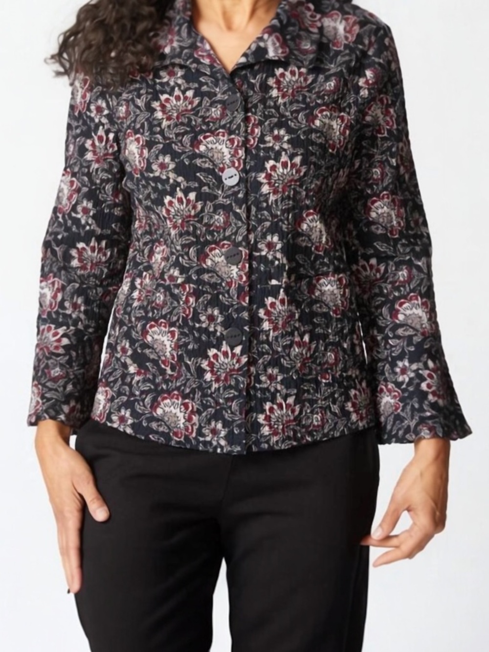 Habitat Floral Block Print Flounce Jacket M Black Crinkle Cotton Style 48745 - Picture 5 of 12
